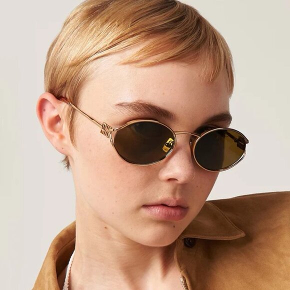 Miu Miu Women Sunglasses Brass Gold Dark Brown Oval MU52YS 7OE01T BRAND NEW